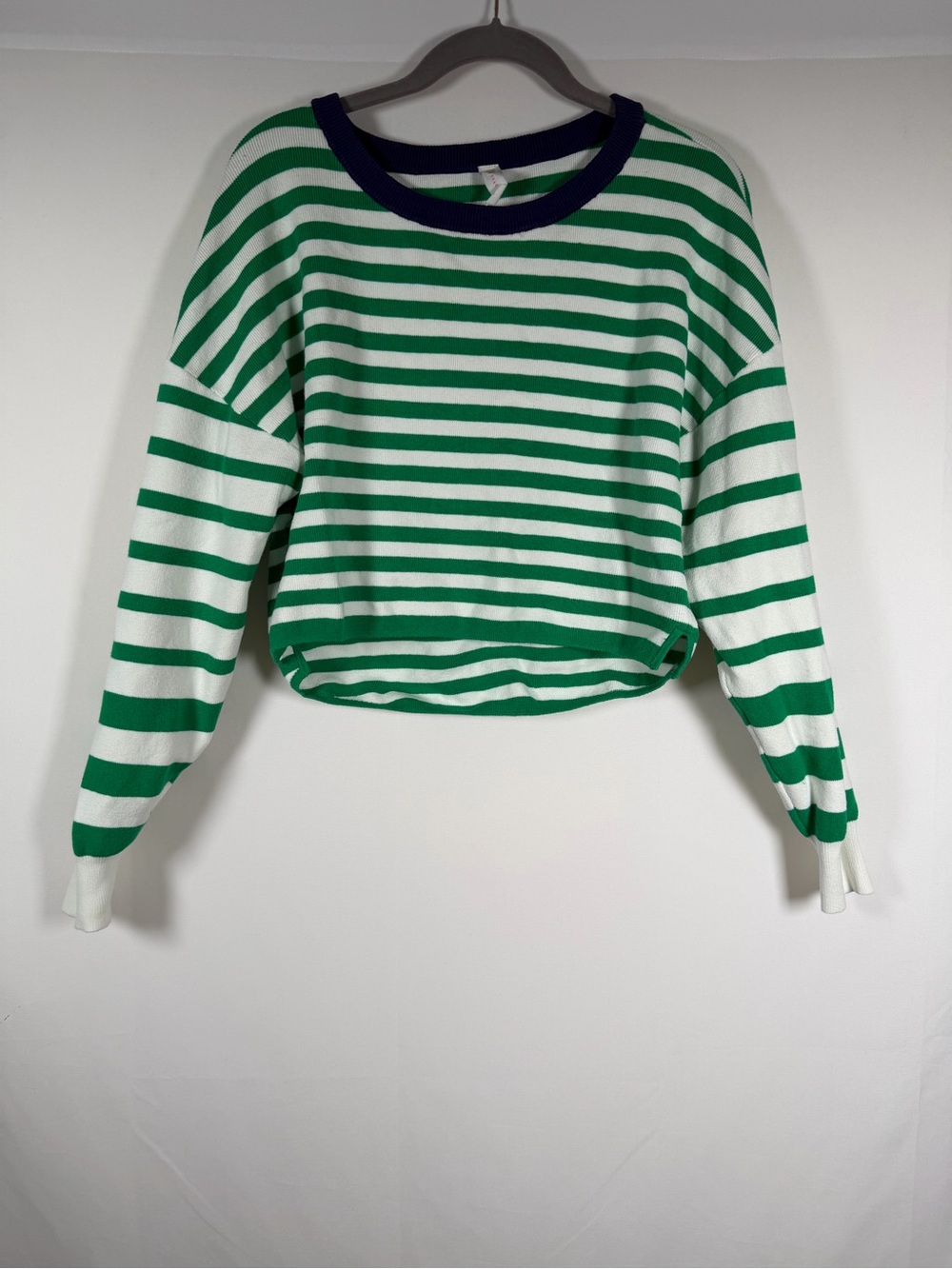 Daily Practice Green & White Striped Crewneck Cropped Sweater with Navy Trim